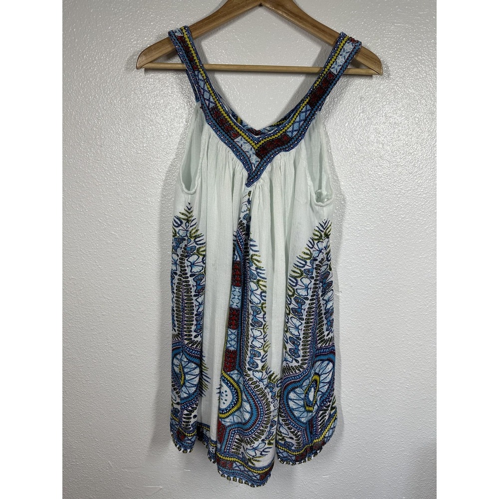 Jeannece Dress Womens Large White Blue Sleeveless Boho Ethnic Print Made‎ India